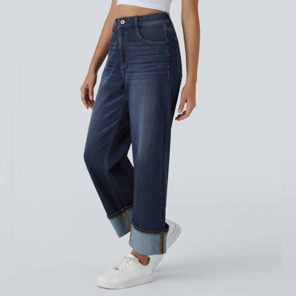 Halara Flex High Waisted Pockets Rolled Hem Wide Leg Washed Casual Jeans - Picture 3 of 9